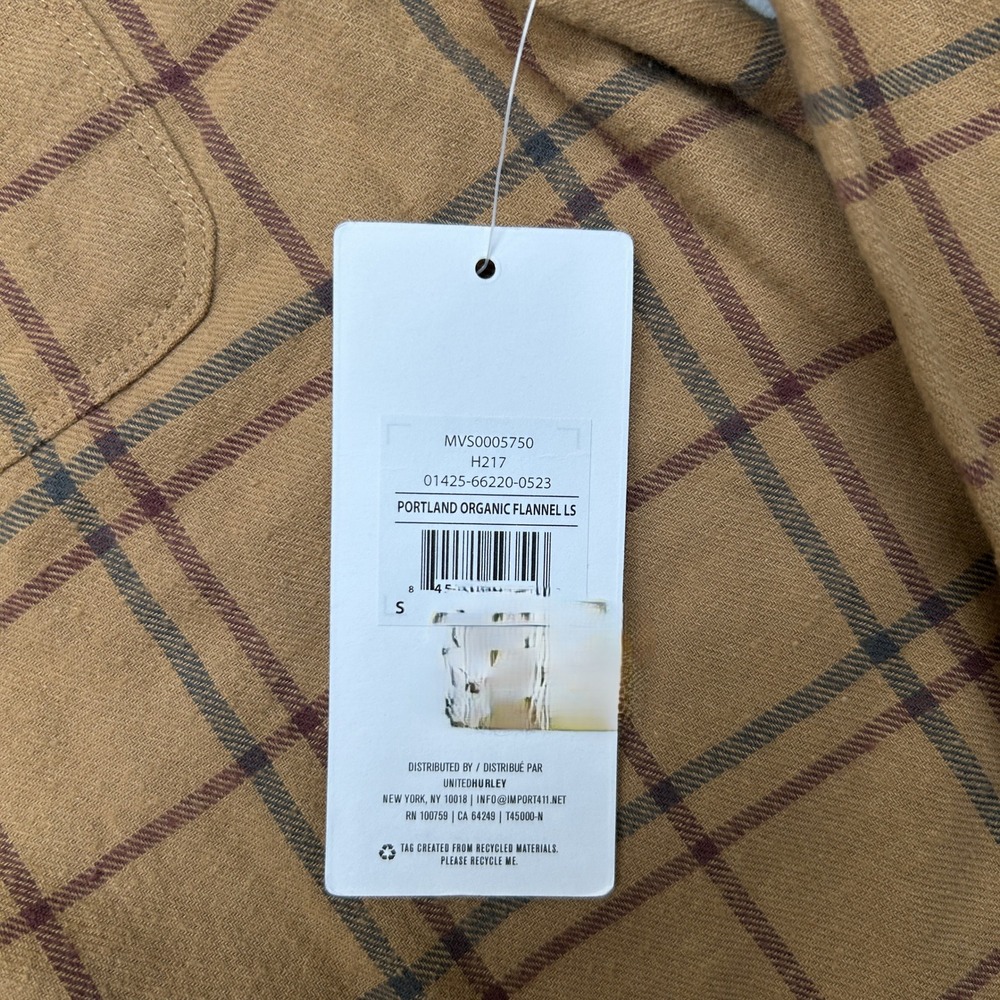 Hurley Organic Flannel Shirt Mens Small Brown Plaid Button‎ Up Long Sleeve NEW - Picture 5 of 8